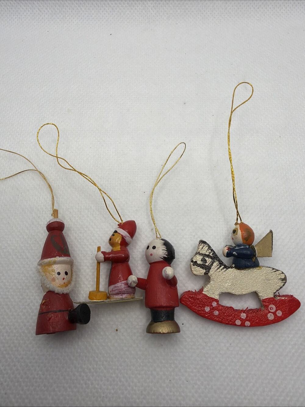 Miniature Wooden Hanging Christmas Figurine Ornaments Lot Of 4